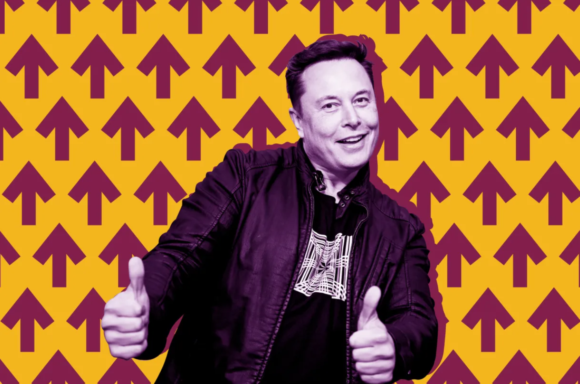 Elon Musk stands with both his thumbs up in front of a yellow background with purple arrows pointing up