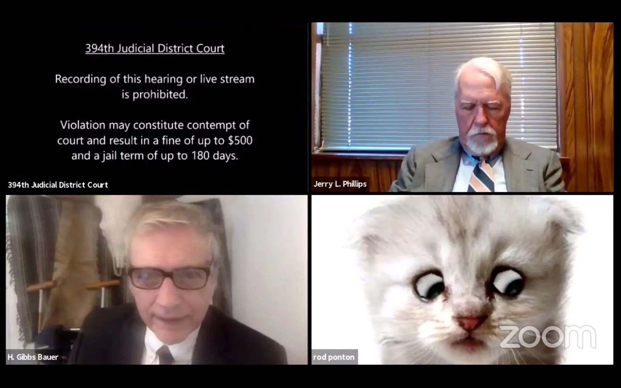 Screenshot of a virtual court meeting where a Texas lawyer forgot to turn off the cat filter.