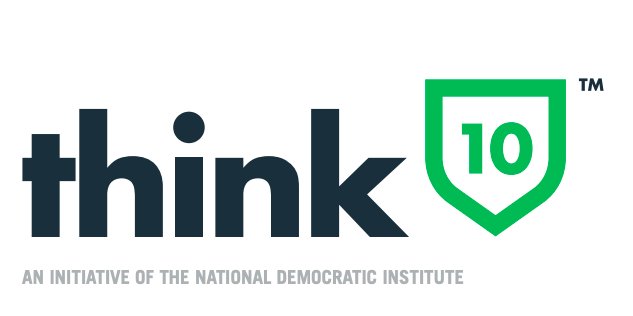 think10 logo: the word "think" in lowercase blue text next to a green shield symbol with the number 10 inside. In small, grey writing in all caps below, it says" AN INITIATVE OF THE NATIONAL DEMOCRATIC INSTITUTE". The image is trademarked.