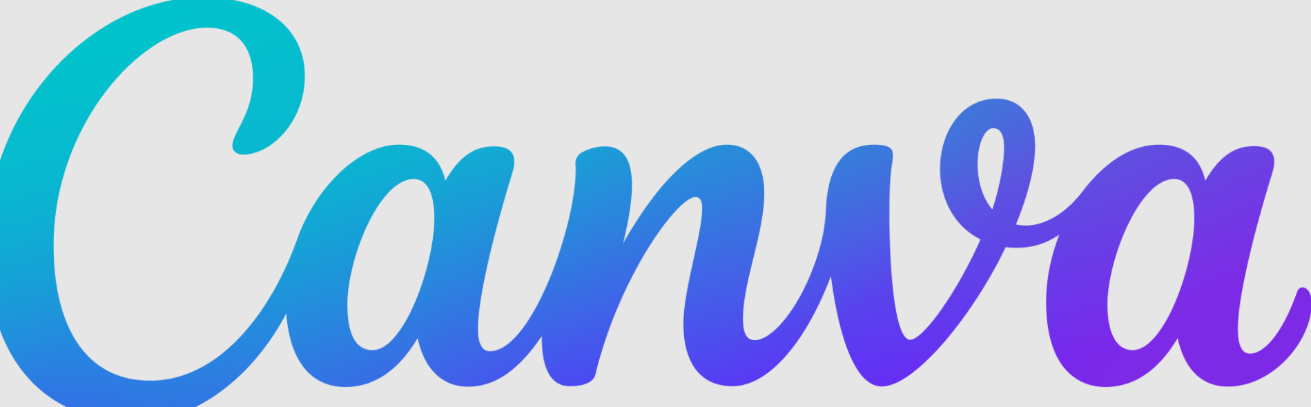 Canva logo: The word "Canva" in cursive. The colour of the letters blends from light green in the upper left hand corner to blue to purple in the bottom right hand corner. The background is white.