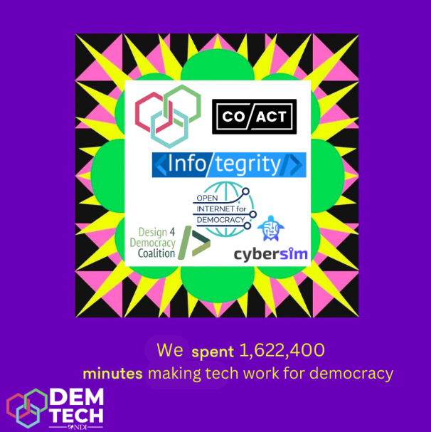 On a deep purple background, is a black square with a pink and yellow triangular design with green circles in the middle. A white square sits over this design with logos for Dem.Tools, Co/Act, Info/tegrity, Open Internet for Democracy, Design 4 Democracy Coalition, and cybersim. Below the black square, in yellow, it says "We spent 1,622,400 minutes making tech work for democracy" and in the bottom left hand corner is the DemTech logo