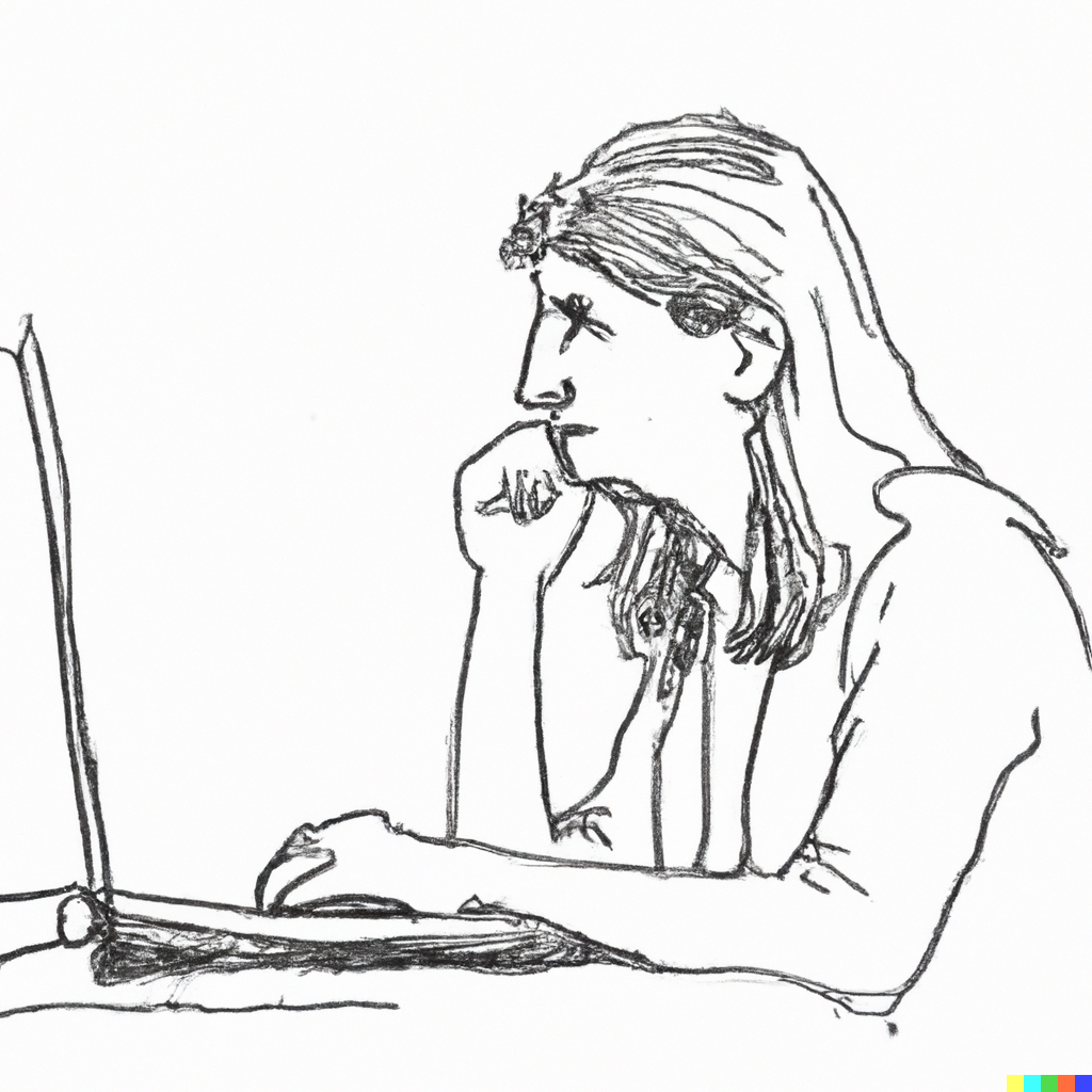 A pen drawing of a woman sitting at a computer looking tired.