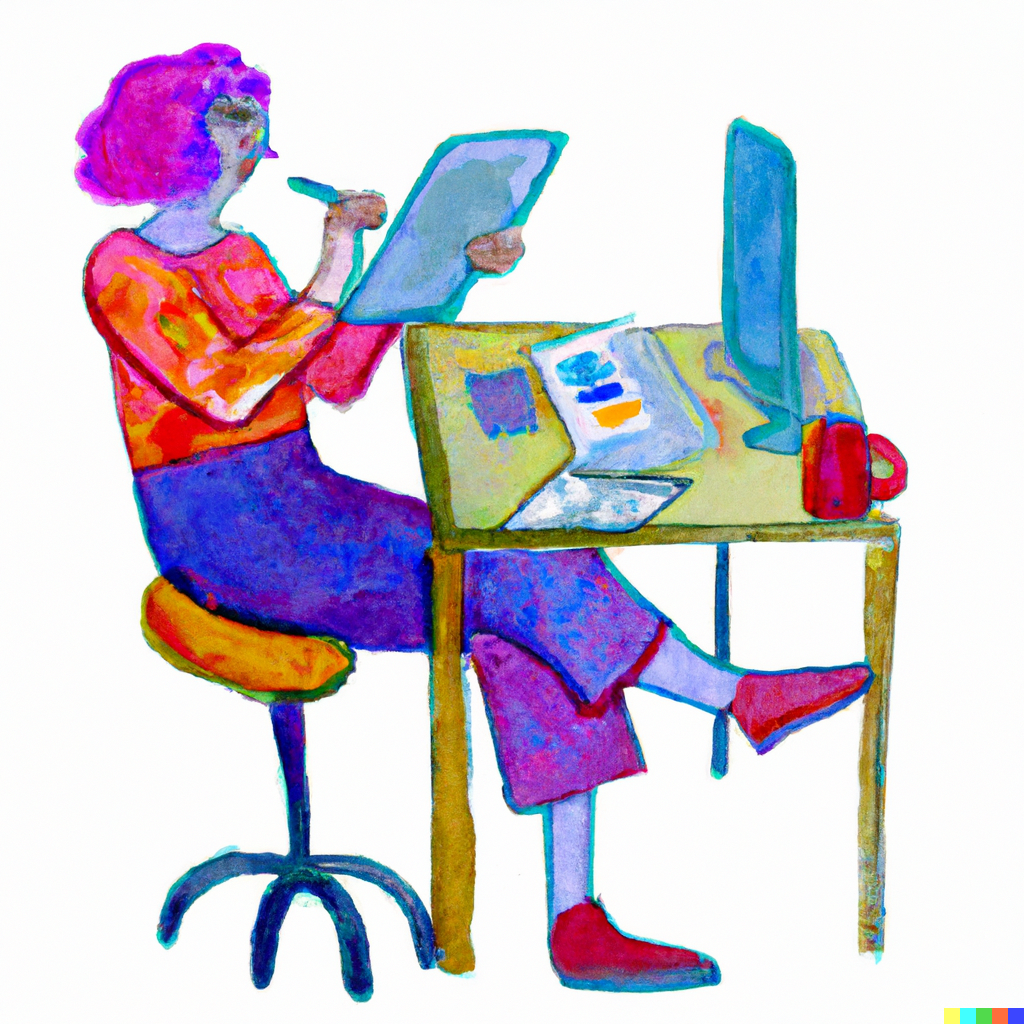 DALL-E generated image of a women sitting at a desk doing a water color in front of her computer.