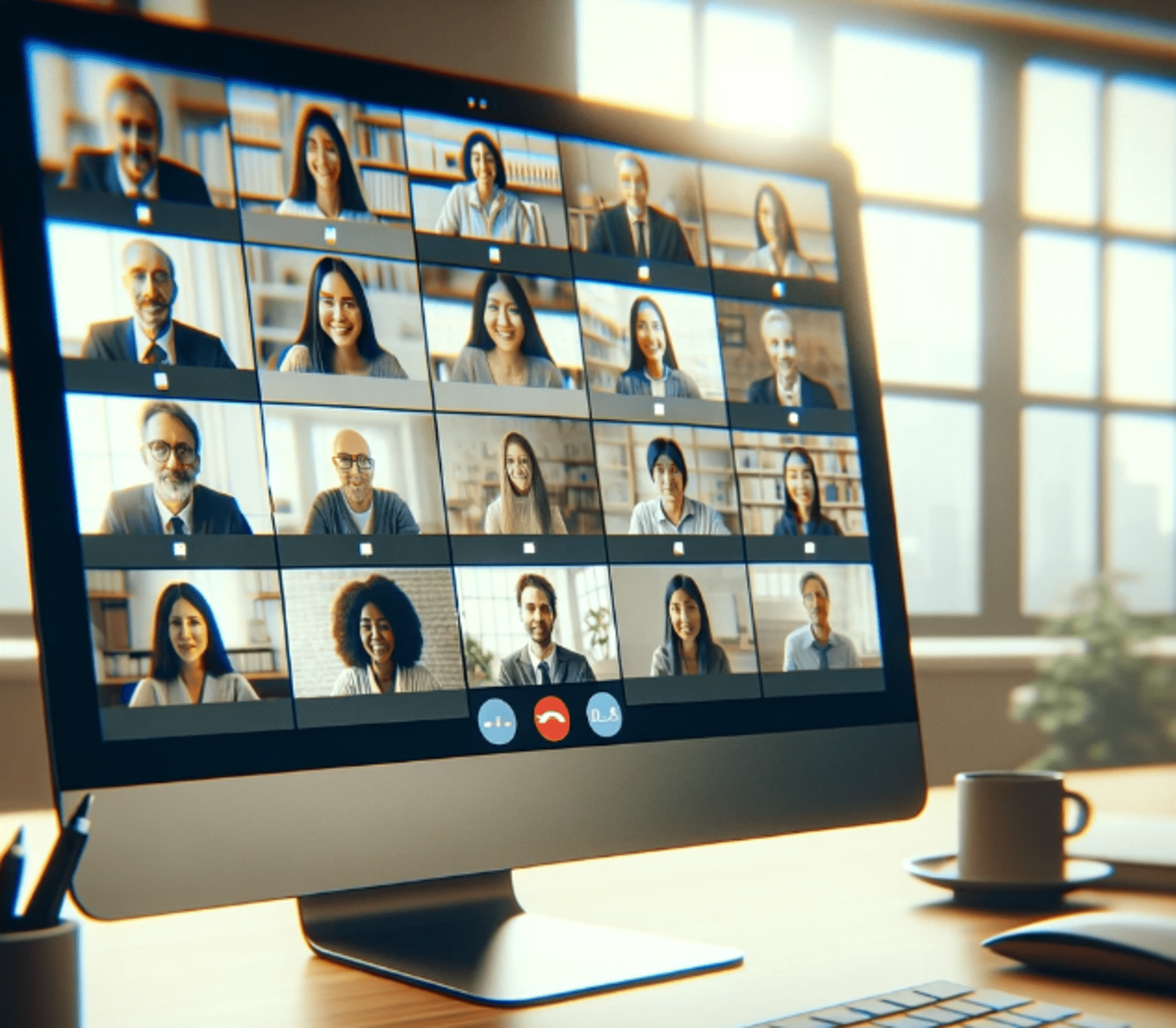 A computer screen sits on a table in front of a window. On the computer screen, diverse faces are visible in an online video conferencing call.