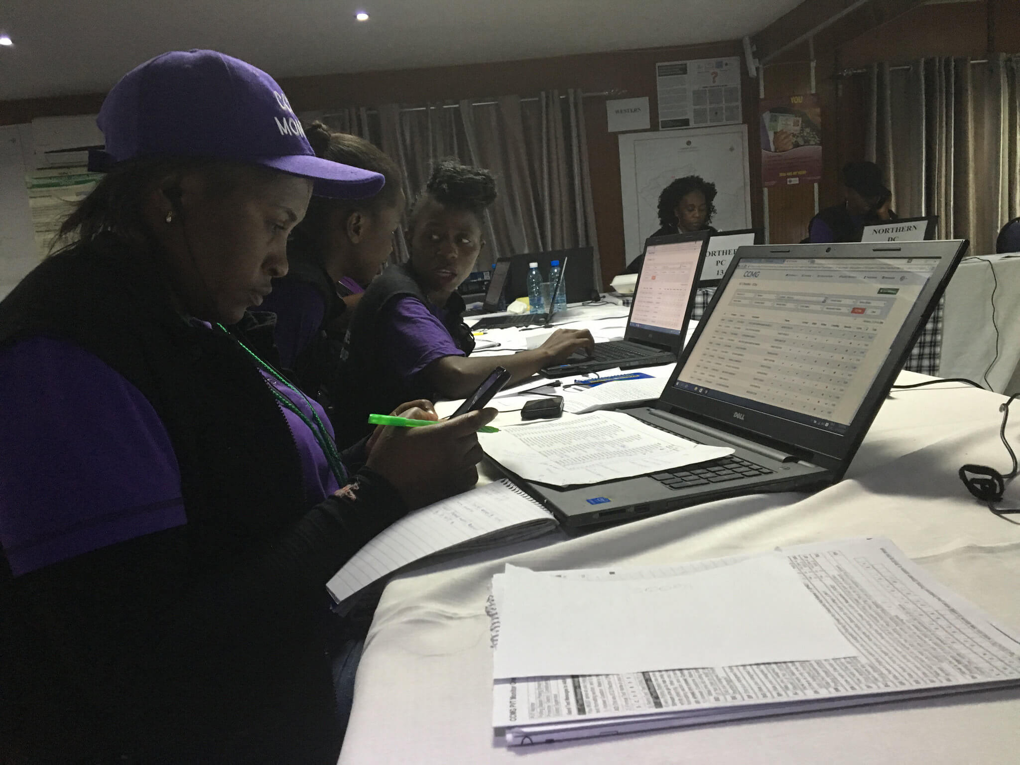 Zambian data clerks compiling election monitoring reports