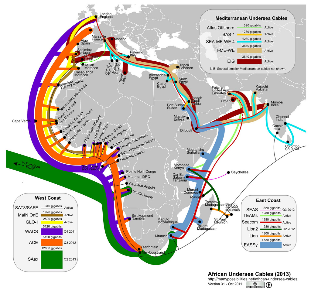 Map of Africa, with undersea internet cables highlighted, along Africa's west coast.