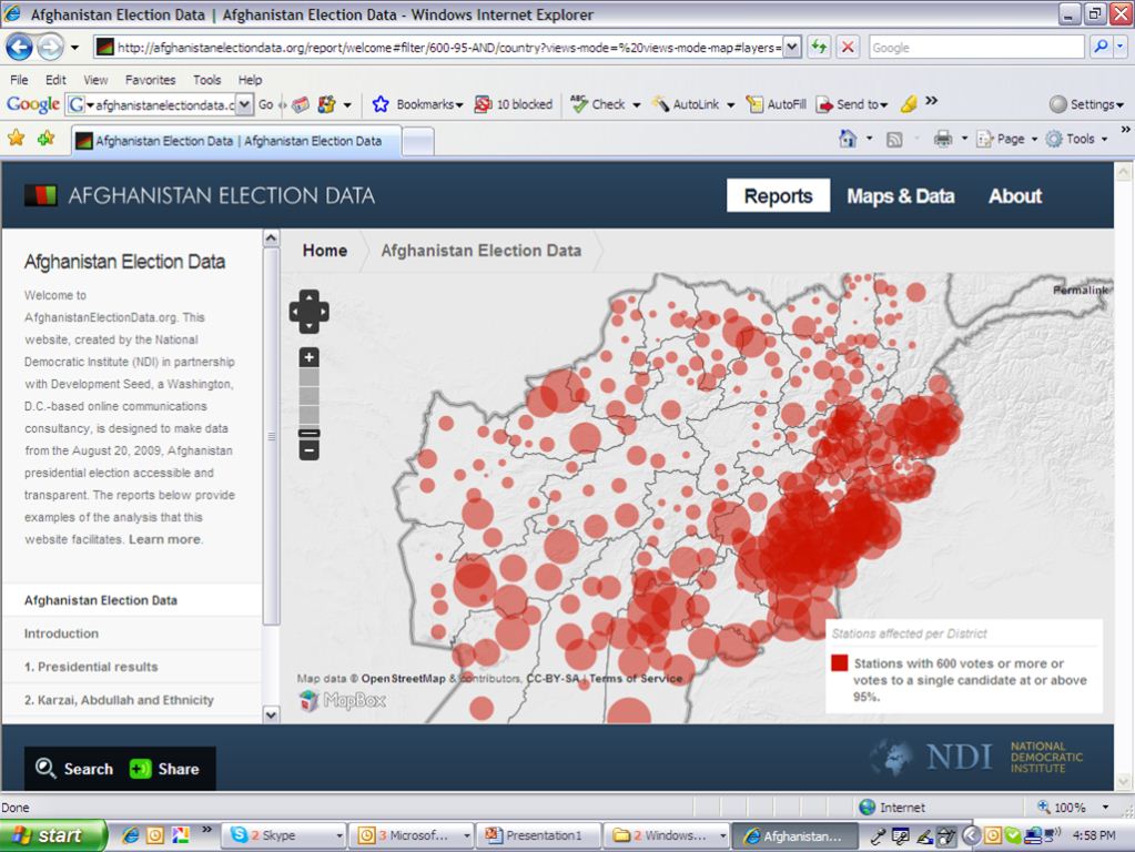 Afghanistan Election Data map. Large concentration of red markers in south east region.