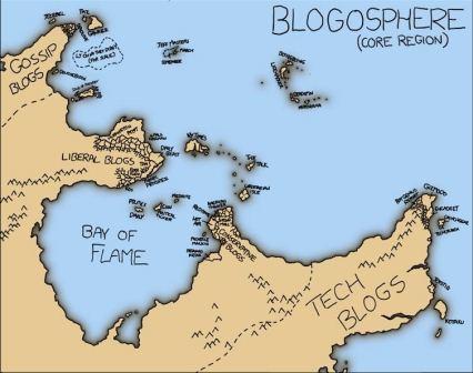 Satirical map. Fictional "Bay of Flame" is between 2 peninsulas aptly named "Liberal Blogs" and "Tech Blogs"named "