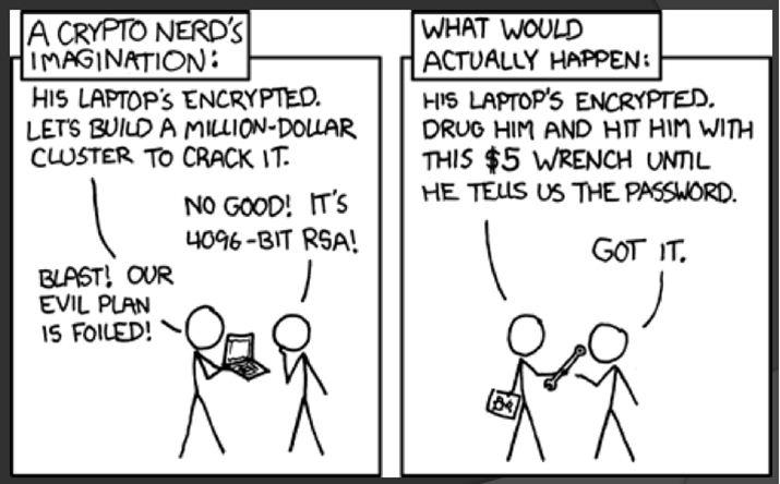 Comic strip of 2 people contemplating how to crack a laptop. One suggests building a million dollar cluster. The other person presents a $5 wrench and suggests beating someone with it, until they reveal the password. 