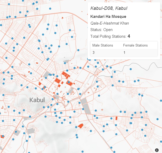 City map of Kabul, with blue points of interest (description not provided in map key). Map key states there are 3 polling stations for men, and 1 polling station for women.