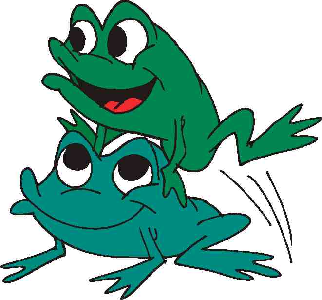 Cartoon drawing. Green frog leaping-frogging over another frog.