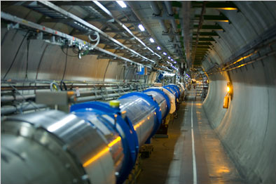 Interior of cylindrical steel chamber. The Hadron Collider.