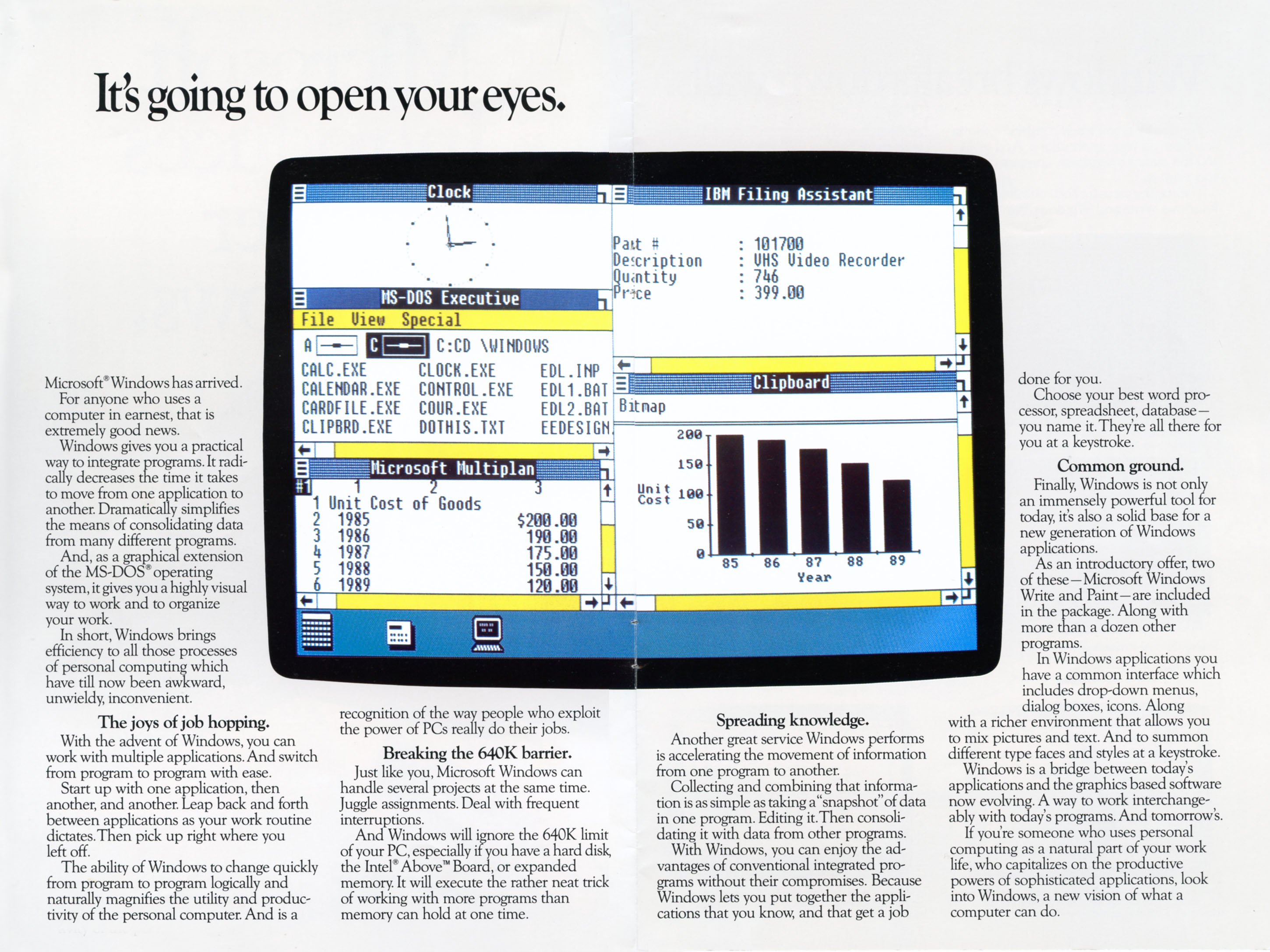 Cartoon drawing of a newspaper front page, with the headline "It's going to open your eyes." The image is a digital dashboard with key business performance metrics, such as unit cost of goods, and a directory of files. 