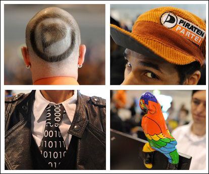 Costumes at a party, organized into quadrants. Back of someone's head with pattern in hair. Orange cap "Piraten". Black/white tie with binary 01010 code. Colorful parrot on a shoulder.