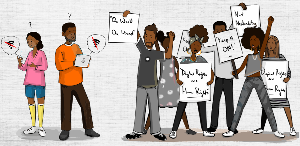 Illustration of people protesting for open internet from the Paradigm Initiative's Ayeta Toolkit