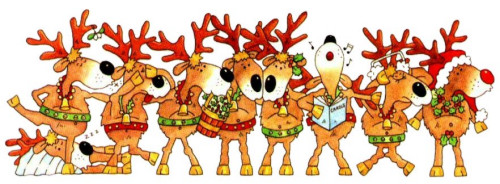 Cartoon of reindeer in scarves, singing from a book of carols