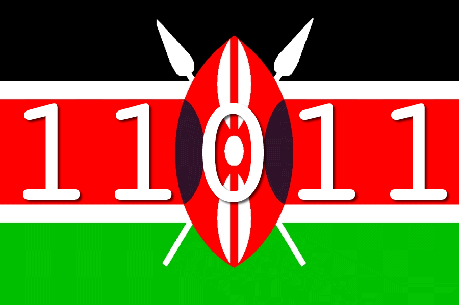 Kenya international flag. Horizontal stripes from the top: black, thin white, red, thin white, green. A red, black, and white shield with crossed spears, in the middle.
