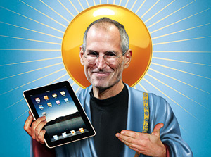 Steve Jobs looking like Jesus holding an ipad