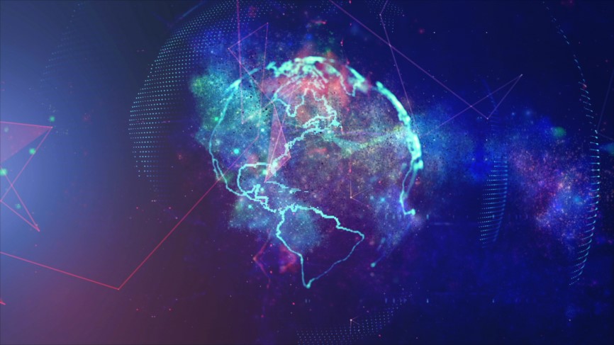 Image of a neon digital networked globe from IISS