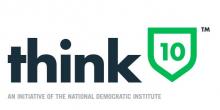 think10 logo: the word "think" in lowercase blue text next to a green shield symbol with the number 10 inside. In small, grey writing in all caps below, it says" AN INITIATVE OF THE NATIONAL DEMOCRATIC INSTITUTE". The image is trademarked.