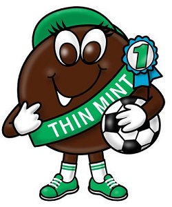 Cartoon, thin mint cookie dressed as Girl Scout, with a sash & soccer ball.